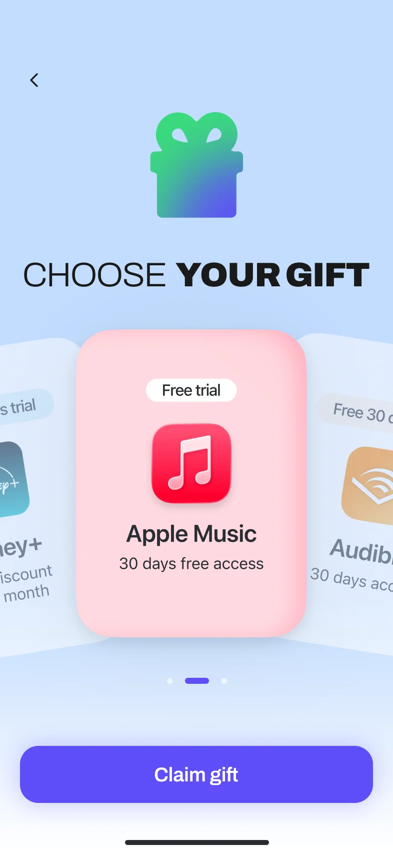 A phone showing a choose-your-gift screen with an Apple Music free trial