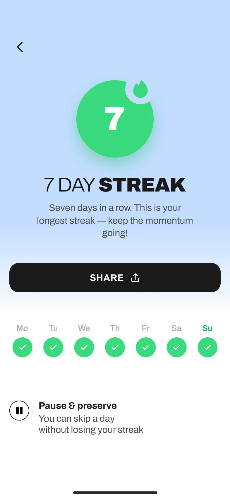 A phone showing a 7 day streak celebration screen